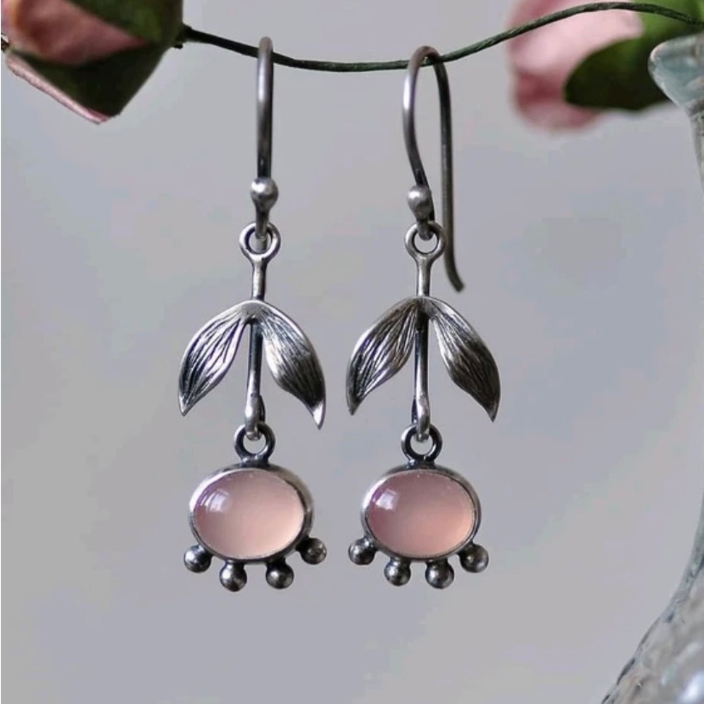 Sterling Silver Leaf Drop Earrings with Soft Pink Stones